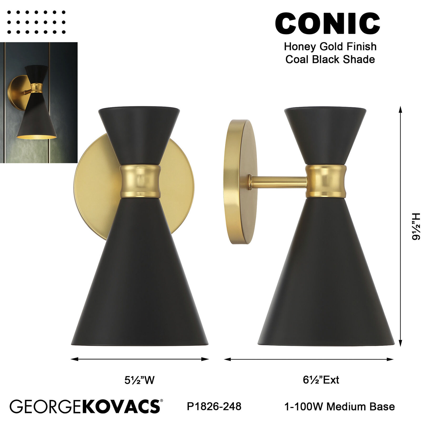 Conic 1 Light 5.5 inch Honey Gold Wall Sconce Wall Light